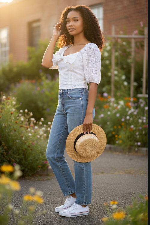 Blusa manga corta, con encaje y lazo en el pecho.