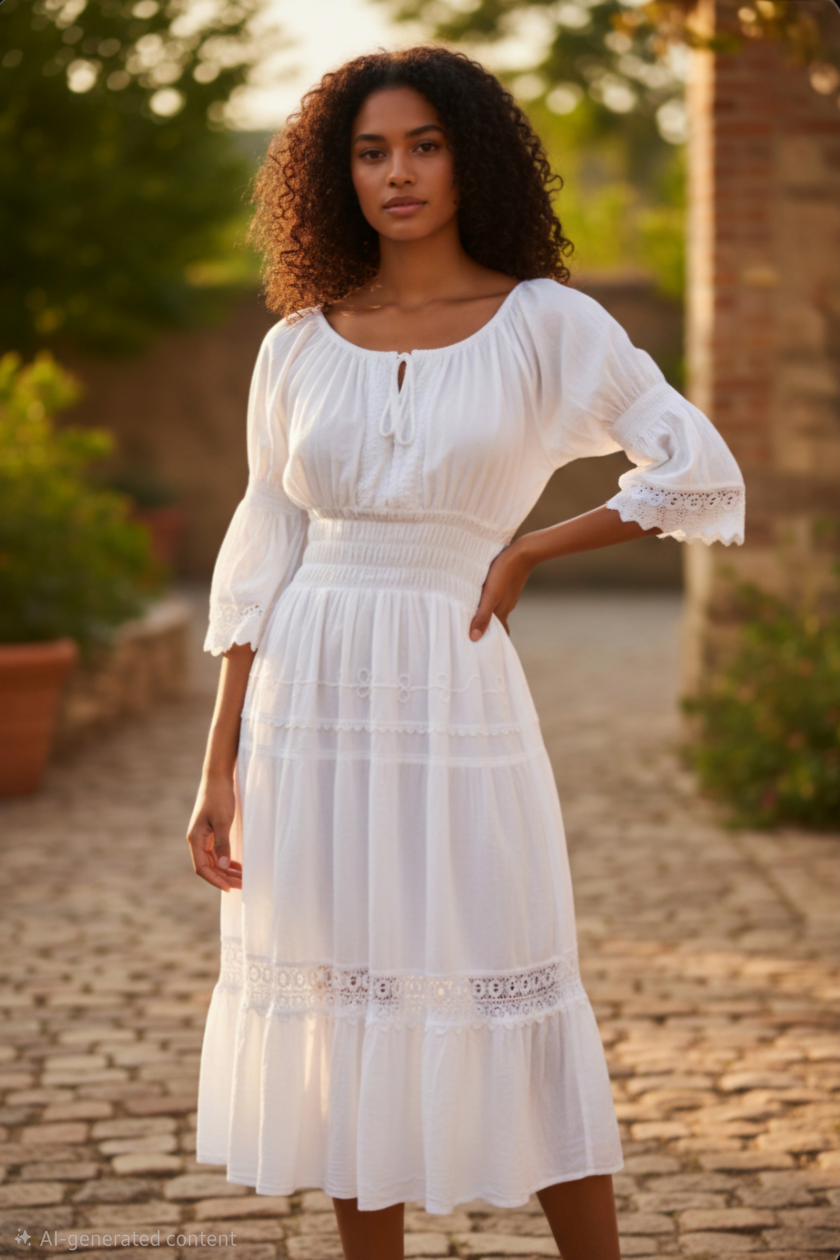 Traje largo algodón, manga 3/4, cuello U