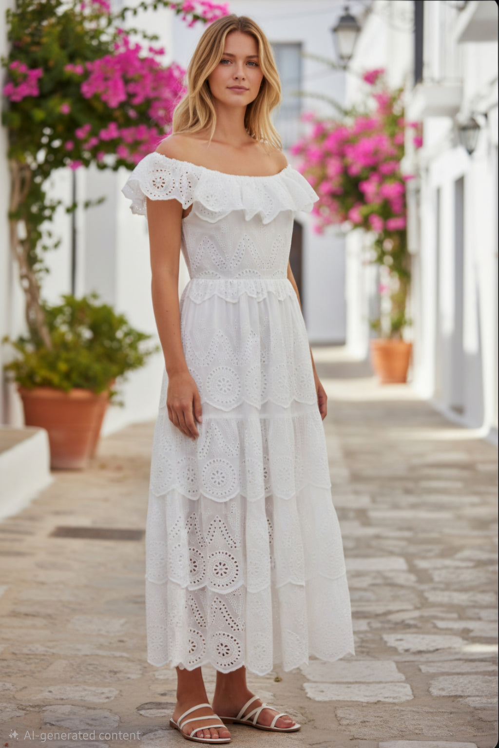 Traje largo, manga corta, con puntilla.