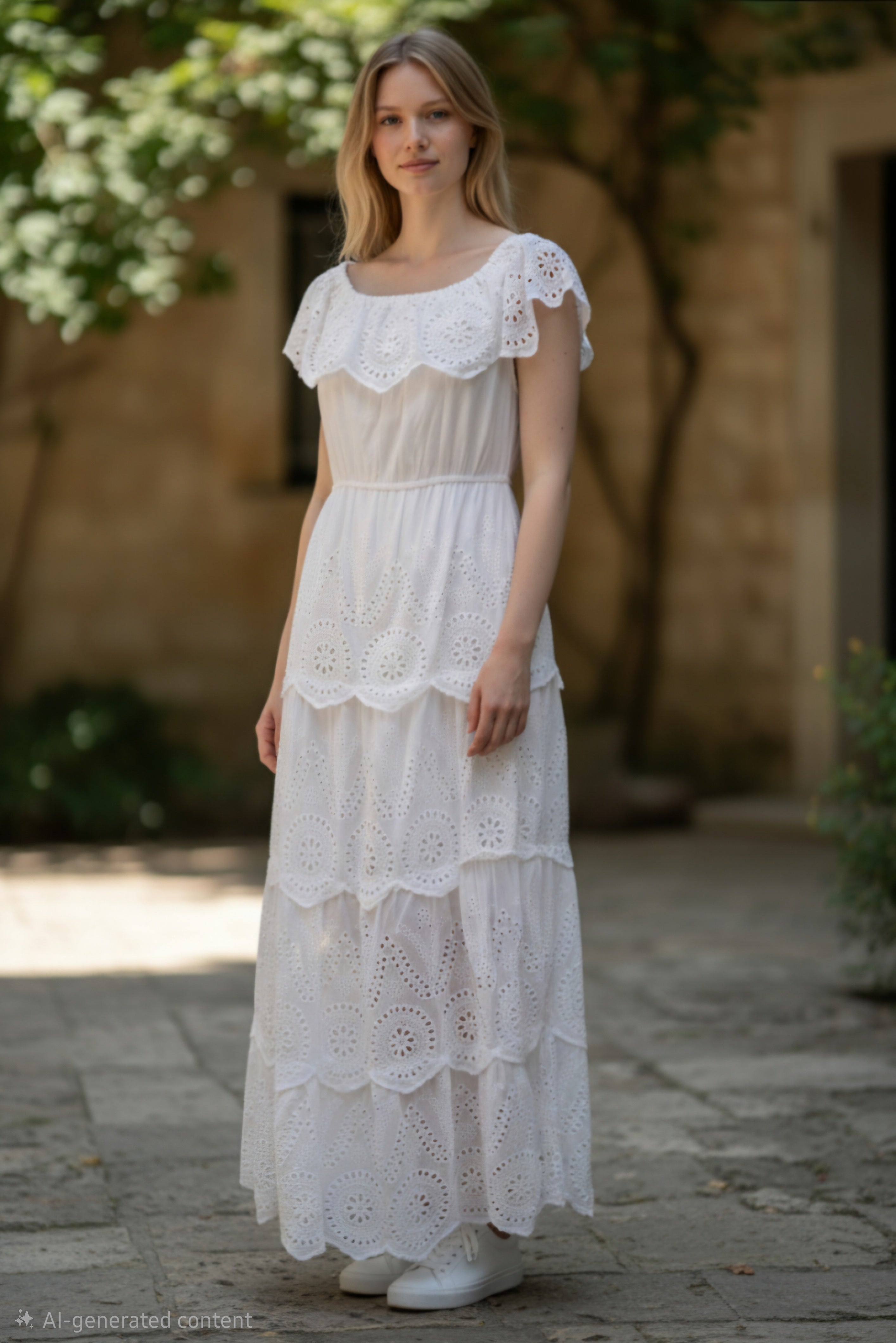 Traje largo, manga corta, con puntilla.