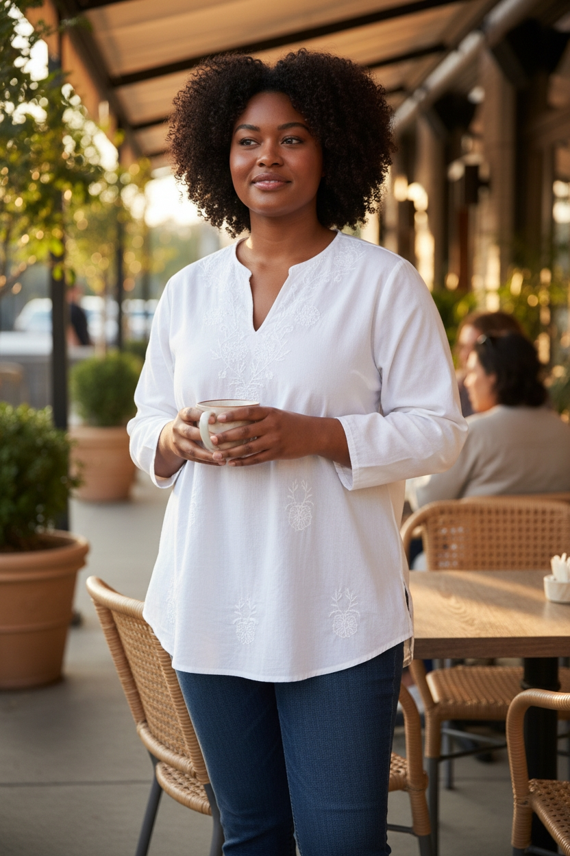 Blusa manga larga, cuello V, bordada