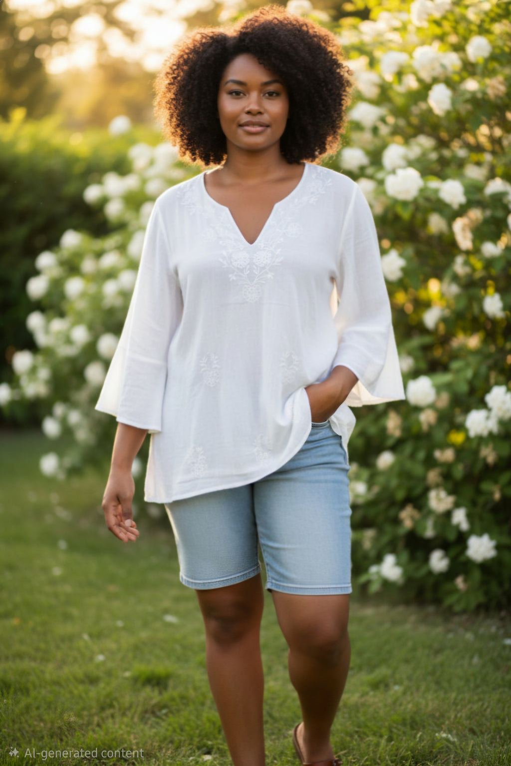 Blusa manga larga, cuello V, bordada