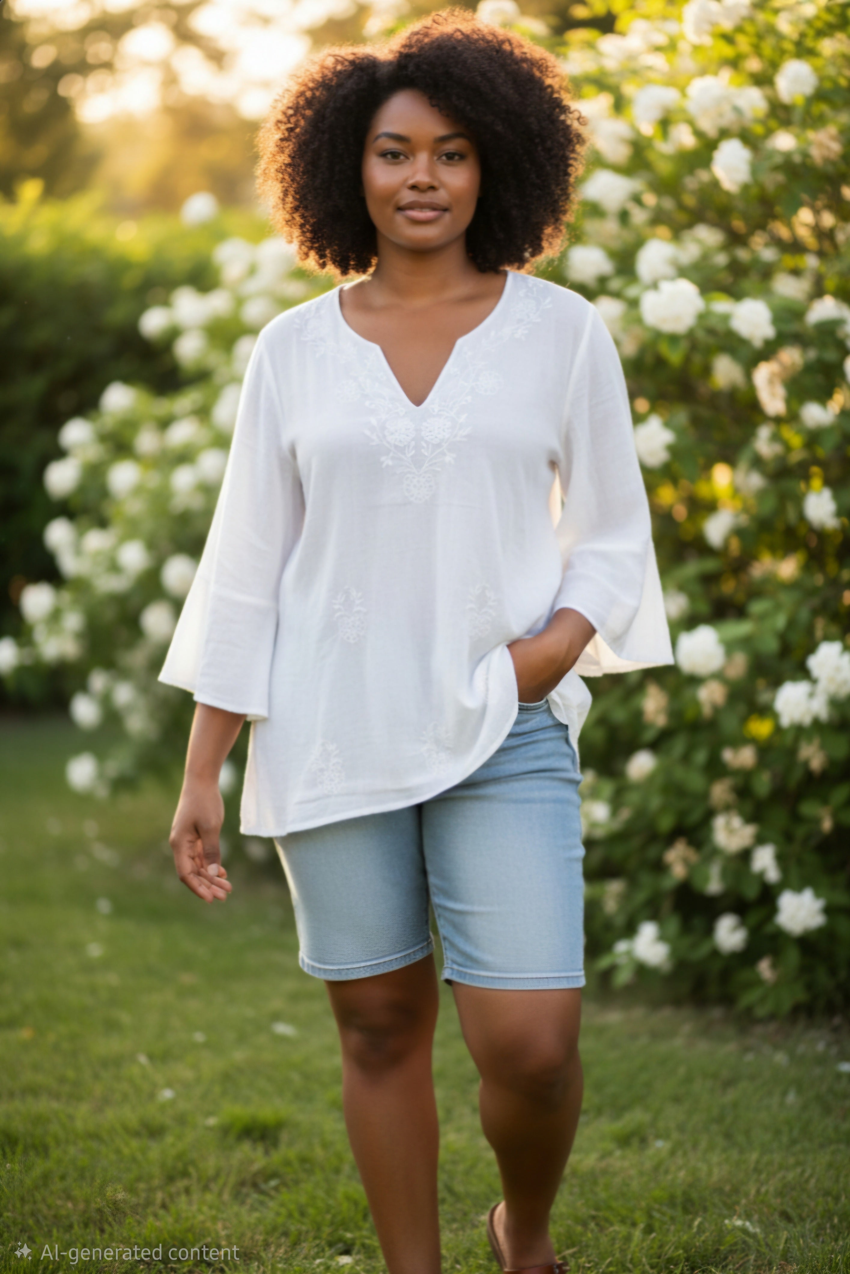 Blusa manga larga, cuello V, bordada